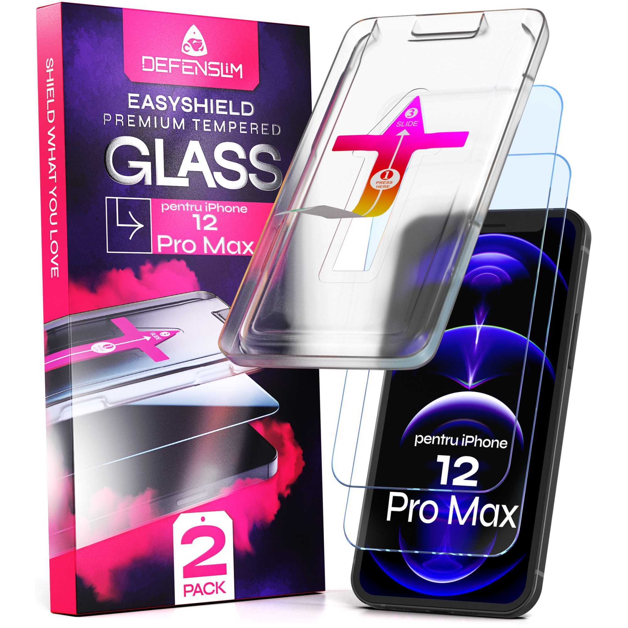 Folie sticla compatibil cu iPhone 12 Pro Max, set 2 buc, DefenSlim, instalare usoara si rapida cu dispozitiv de potrivire automata in 30 sec cu Easy Install Kit patentat, protectie telefon