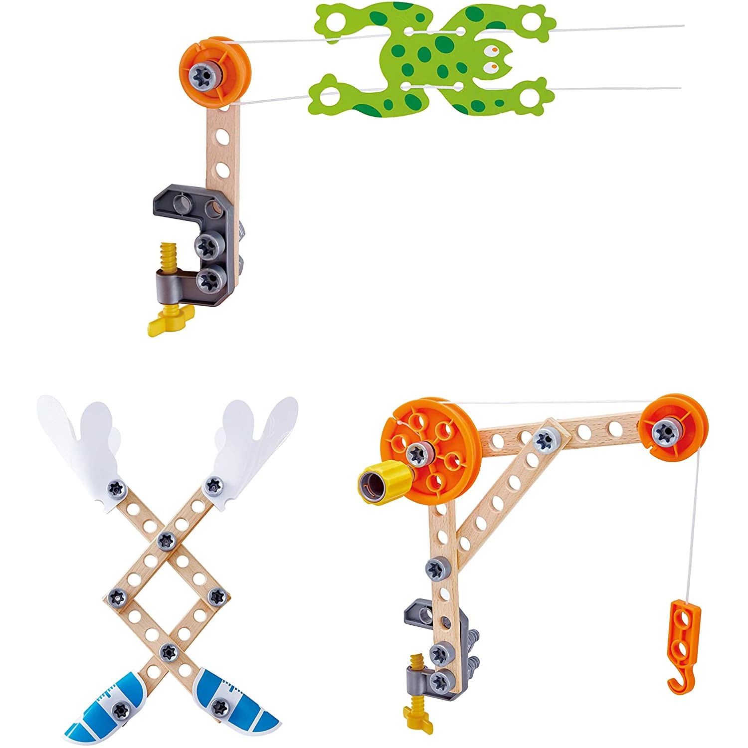 Kit experimente interactive, Hape, cu 37 piese din lemn si plastic, pentru dezvoltarea imaginatiei si gandirii