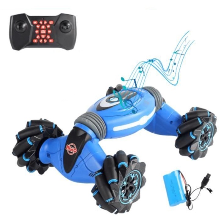 Masinuta electrica rotativa, Cu telecomanda si ceas de mana, Rotire 360°, Lumini LED, Autonomie 40", 23x32.5x14 cm, Albastru