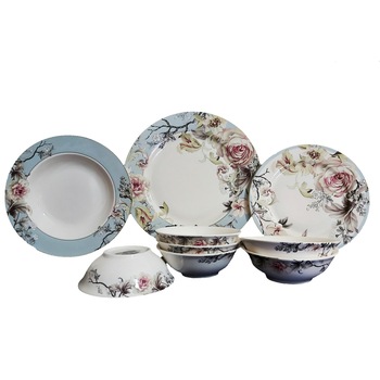 Serviciu de masa, 24 farfurii si boluri, portelan, multicolor, shabby-chic Serviciu de masa, 24 farfurii si boluri, portelan, multicolor, shabby-chic