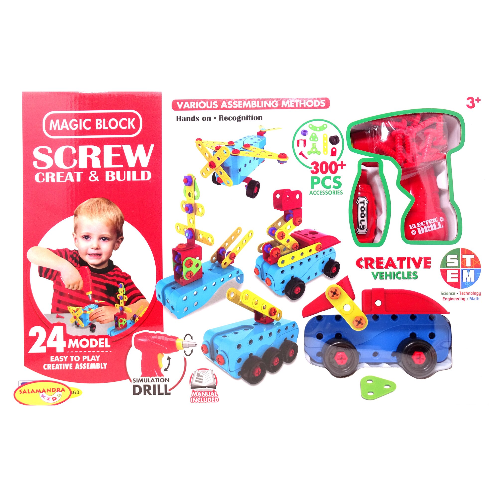Set de Constructie Multifunctional Salamandra Kids®, Creativ si Educativ, 300 de Piese Incluse, Bormasina
