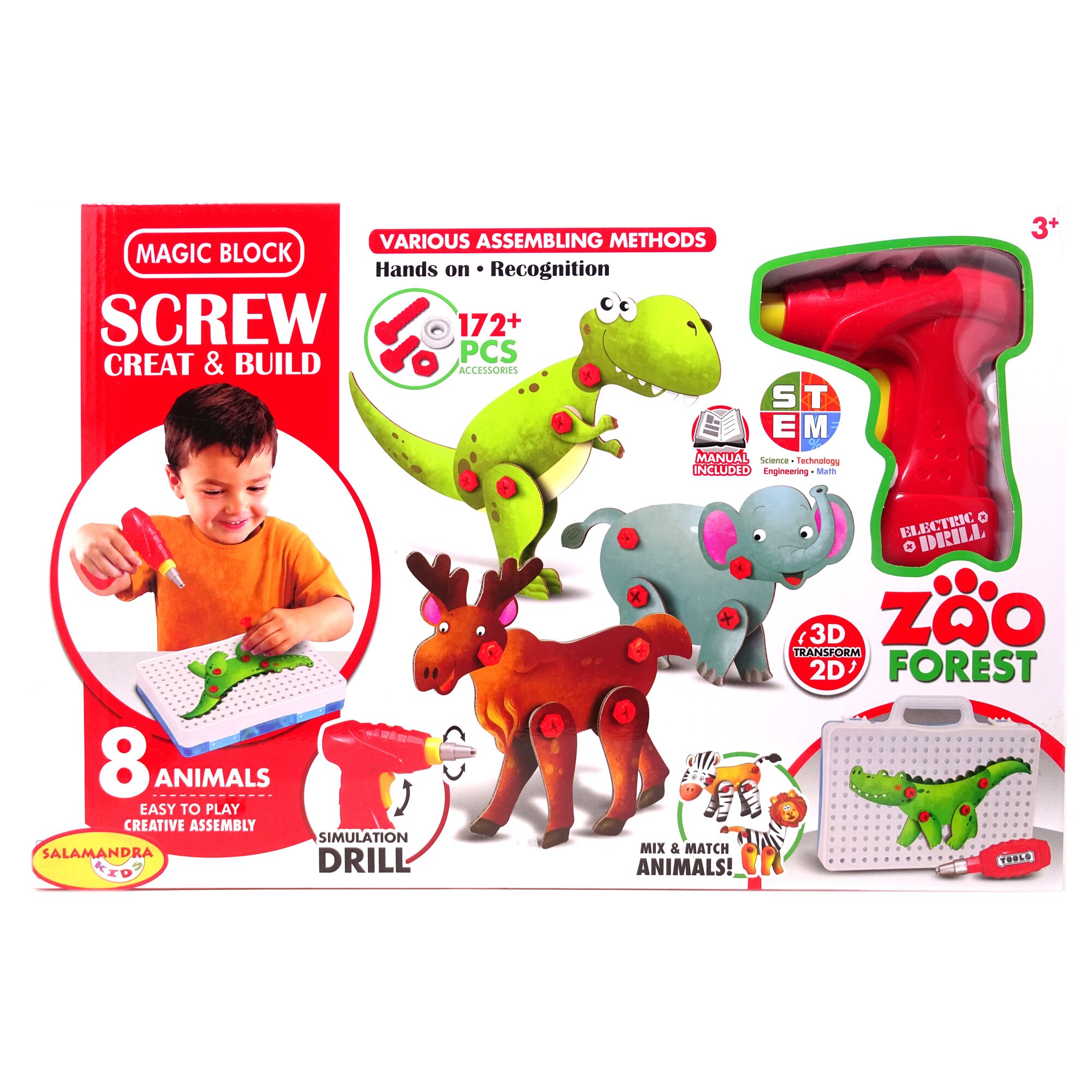 Set de Constructie Multifunctional Zoo Salamandra Kids®, Creativ si Educativ, 172 de Piese Incluse, Bormasina