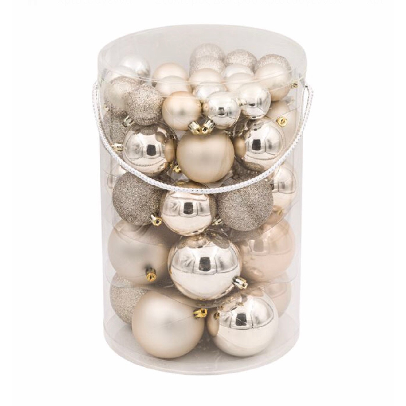 Set 44 de globuri culoarea sampaniei cu model lucios, mat cu sclipici sI cu model, cu 3 dimensiuni diferite, ATS, pentru pomul de craciun