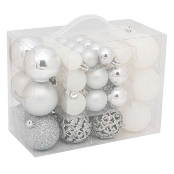 Set 50 de globuri albe, gri, cu model lucios, mat cu sclipici sI cu model, cu 3 dimensiuni diferite, ATS, pentru pomul de craciun Set 50 de globuri albe, gri, cu model lucios, mat cu sclipici sI cu model, cu 3 dimensiuni diferite, ATS, pentru pomul de craciun