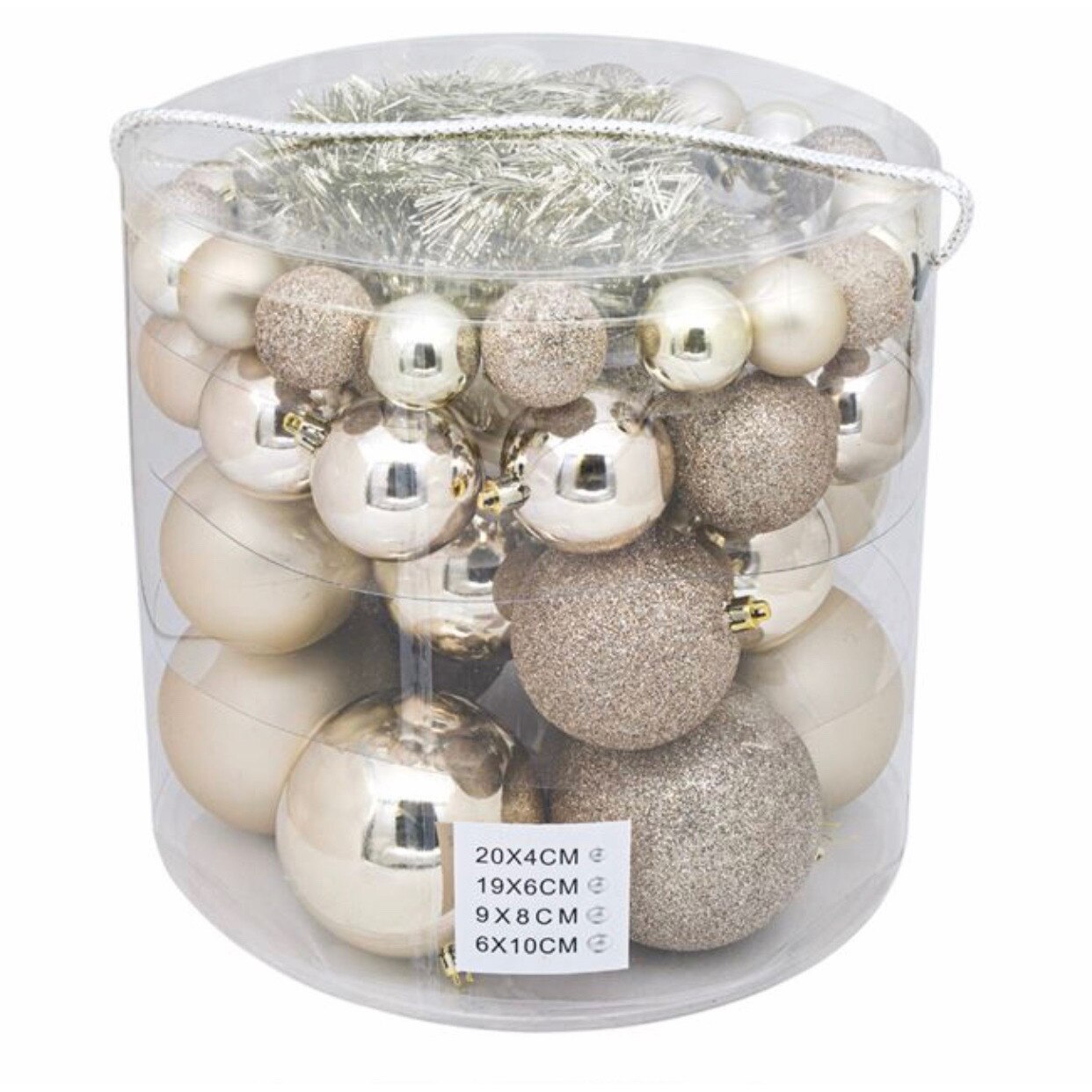 Set 55 de globuri culoarea sampaniei cu model lucios, mat cu sclipici sI cu model, cu 4 dimensiuni diferite, ATS, pentru pomul de craciun