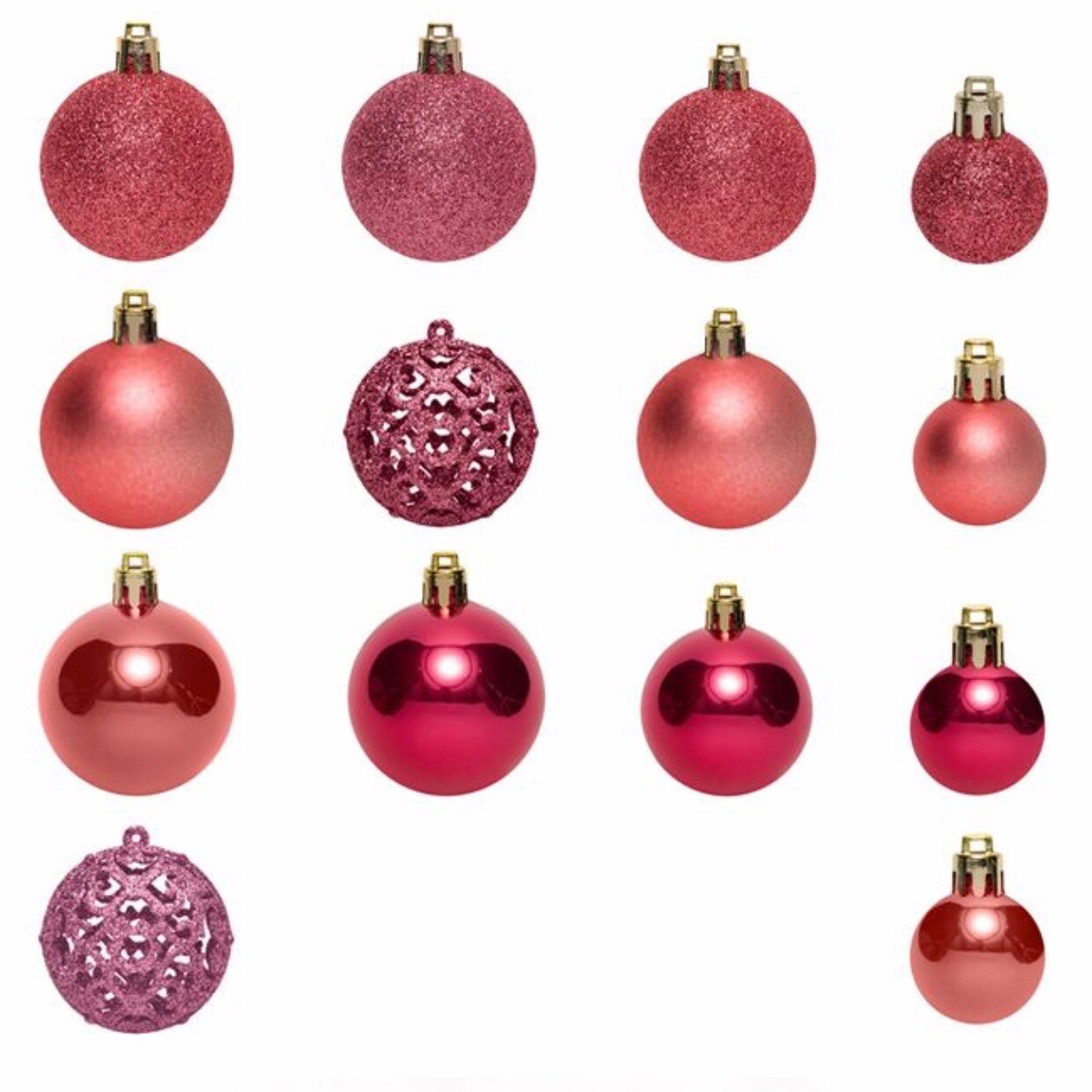 Set 50 de globuri roz, cu model lucios, mat cu sclipici sI cu model, cu 3 dimensiuni diferite, ATS, pentru pomul de craciun