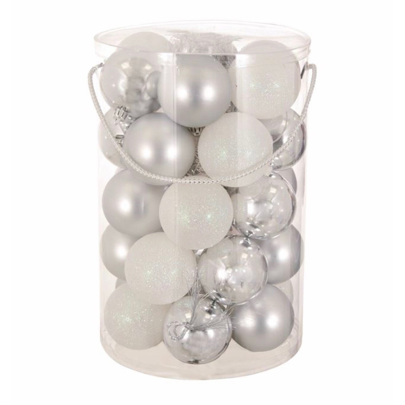 Set 30 de globuri ,alb argintiu cu model lucios, mat cu sclipici,ATS, pentru pomul de craciun
