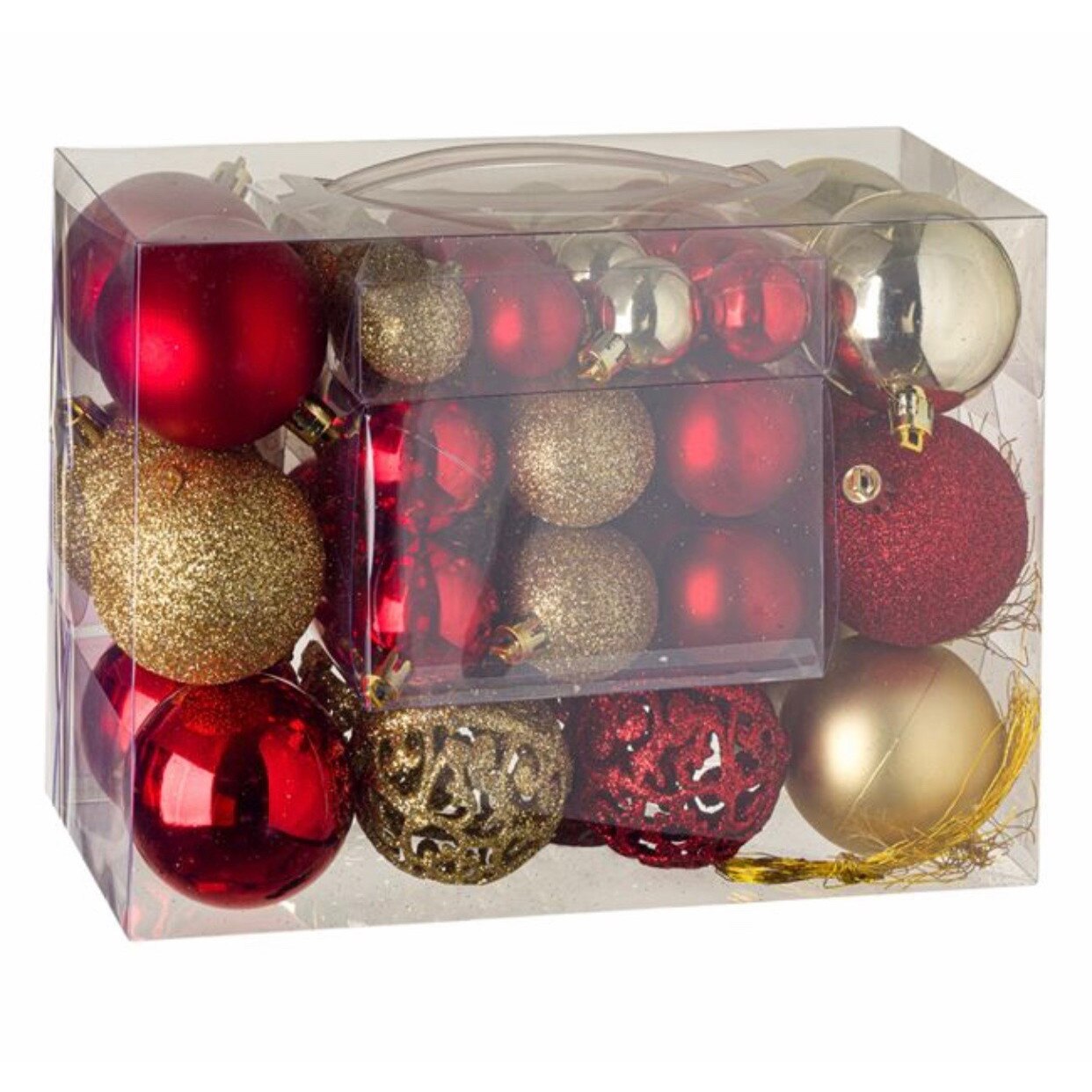 Set 50 de globuri , rosu auriu cu model lucios, mat cu sclipici sI cu model, cu 3 dimensiuni diferite, ATS, pentru pomul de craciun