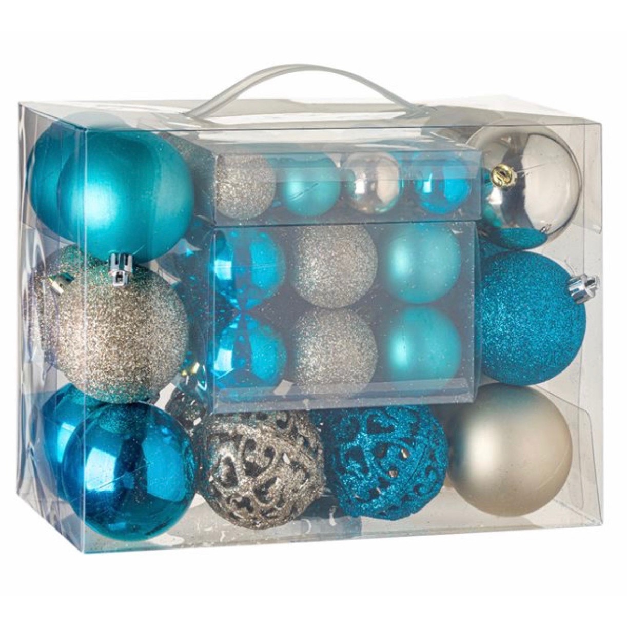 Set 50 de globuri , albastru gri cu model lucios, mat cu sclipici sI cu model, cu 3 dimensiuni diferite, ATS, pentru pomul de craciun