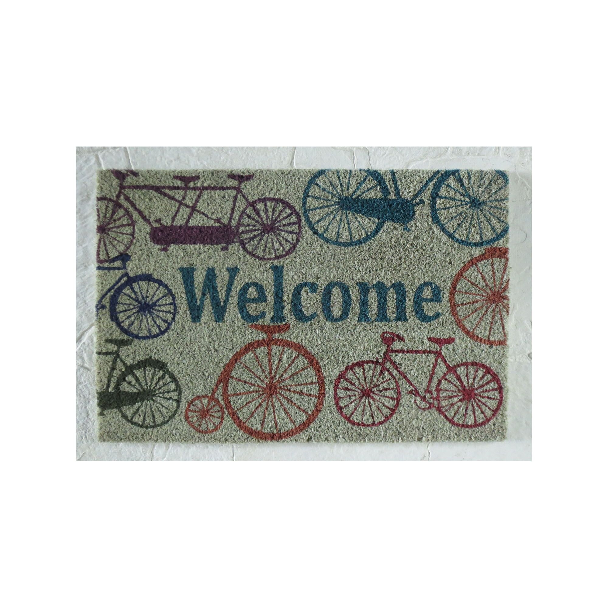 Covoras de intrare,tip pres din fibra de cocos multicolor cu imprimeu cu bicicleta si mesaj welcome 60 x 40 cm
