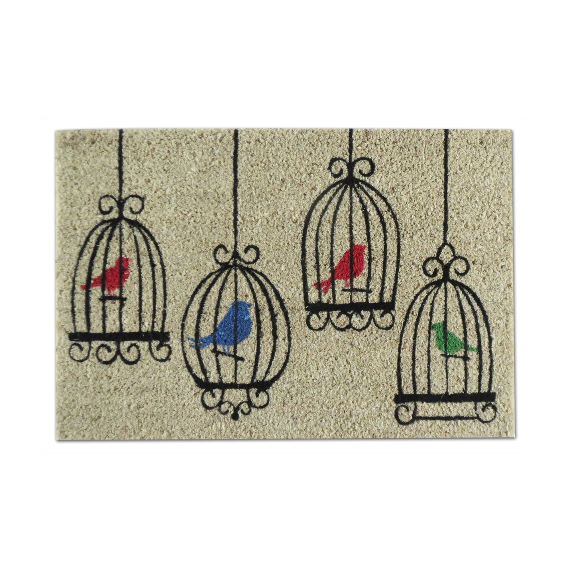 Covoras de intrare,tip pres din fibra de cocos multicolor cu imprimeu cu 4 papagali 60 x 40 cm