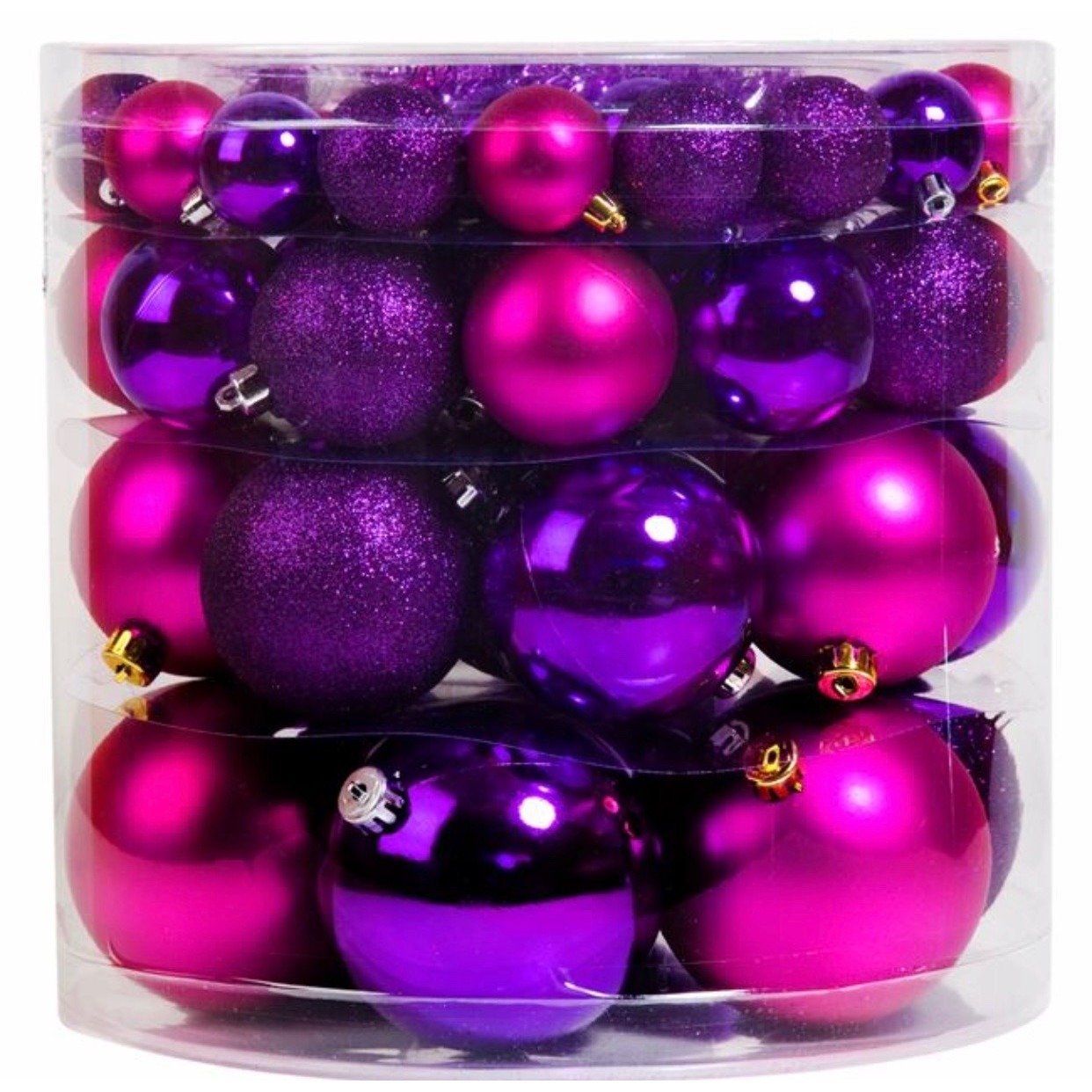 Set 54 de globuri roz mov cu model lucios, mat cu sclipici sI cu model, cu 4 dimensiuni diferite, ATS, pentru pomul de craciun