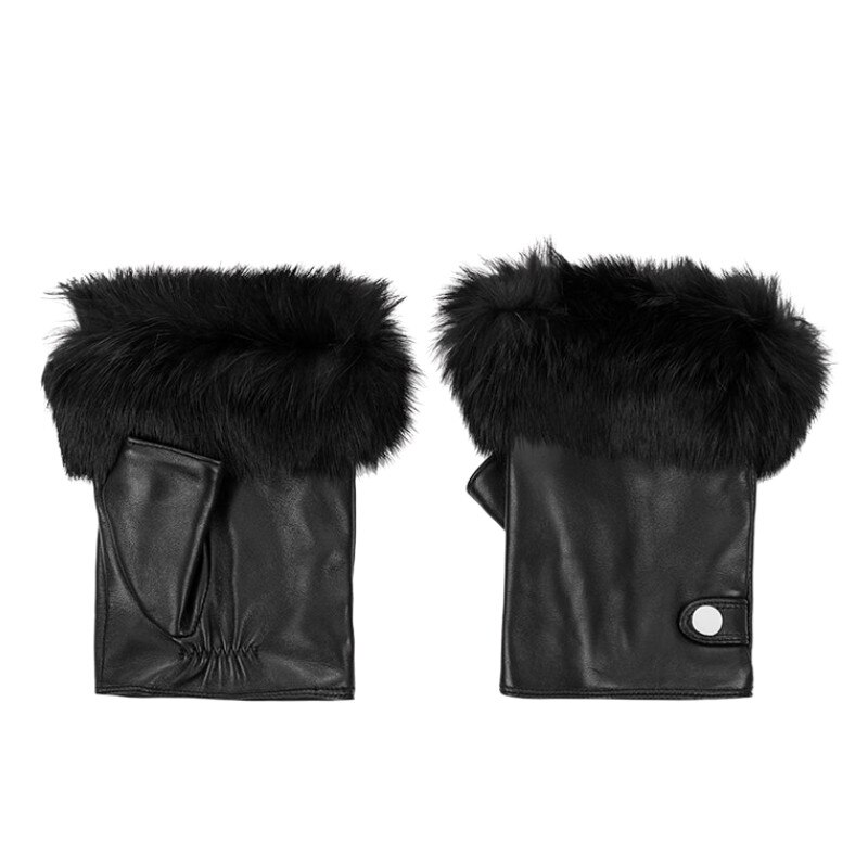 Manusi din piele naturala de culoare neagra, fara degete, blana nturala, Marime 7.5