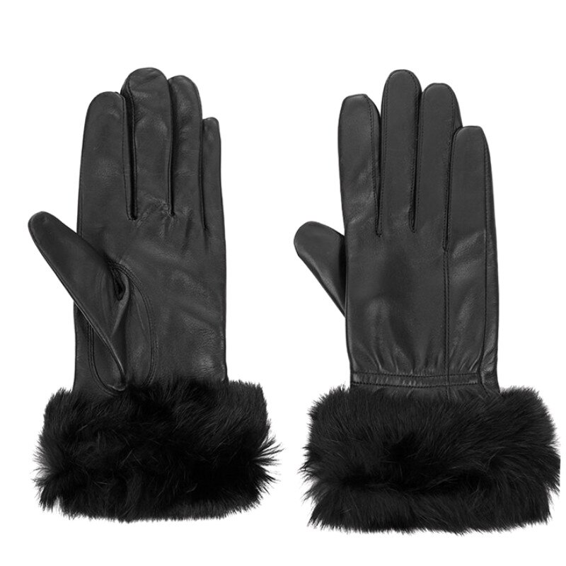 Manusi din piele naturala de culoare neagra cu blana, Marime 8
