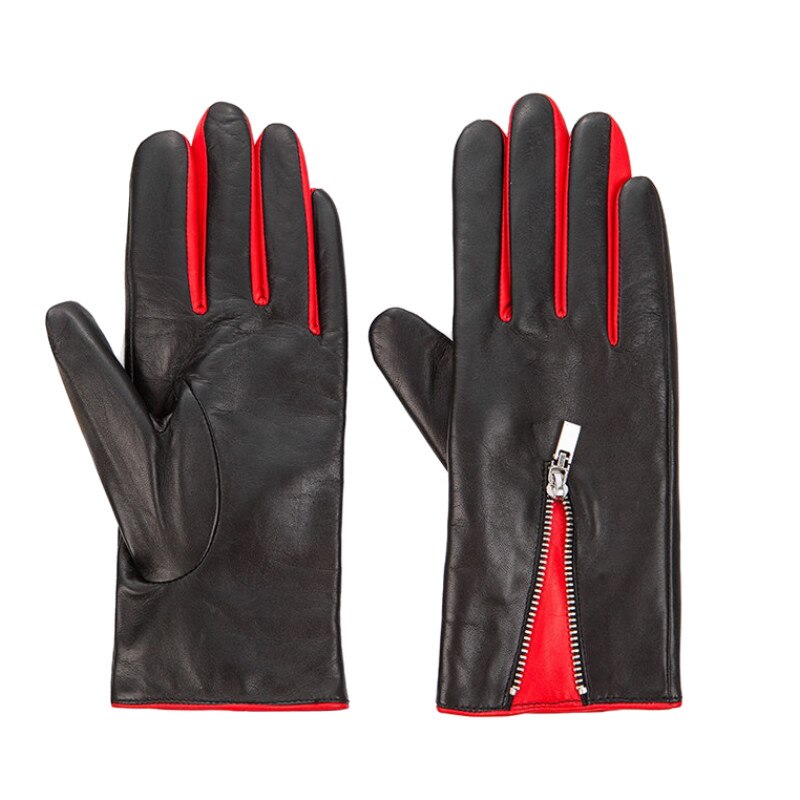 Manusi dama cu degete, Piele naturala, negru cu rosu, Marime 8.5