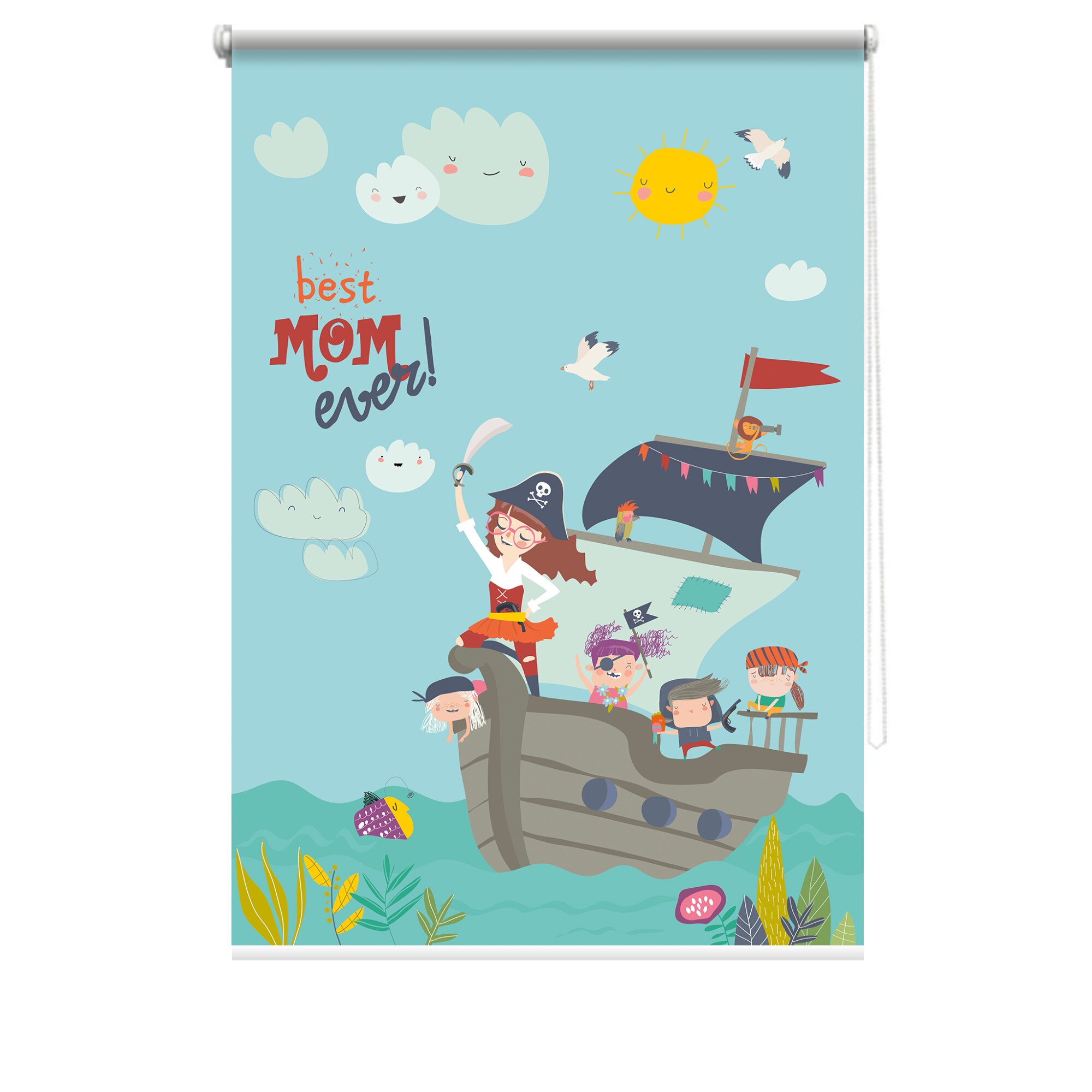 Rulou textil cu print, opac, verso alb, Pirati 7, multicolor, 80x150 cm