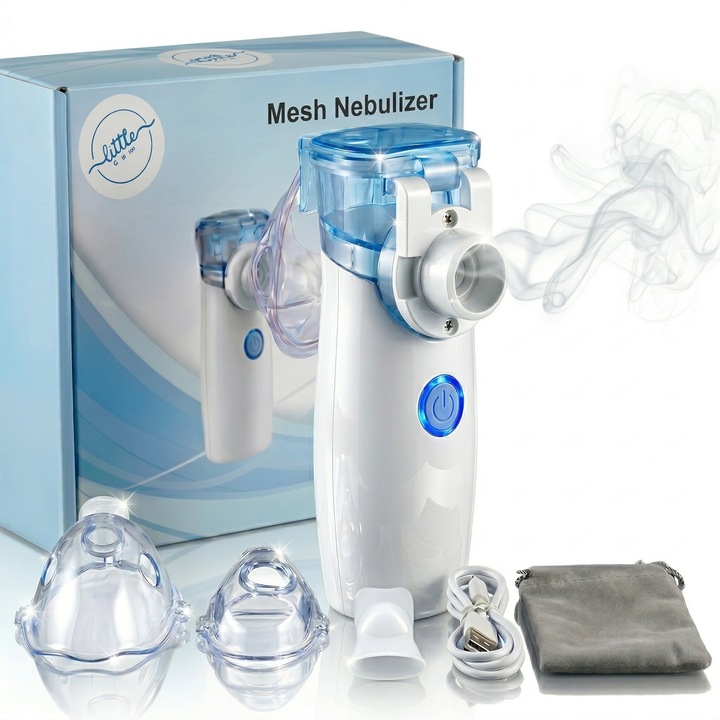 Aparat Aerosoli-Nebulizator Portabil, LittleDomi, Silentios, Masca pentru Copii, Masca pentru Adulti, Piesa pentru Gura, Capac Protectie, Husa de Depozitare, Alb