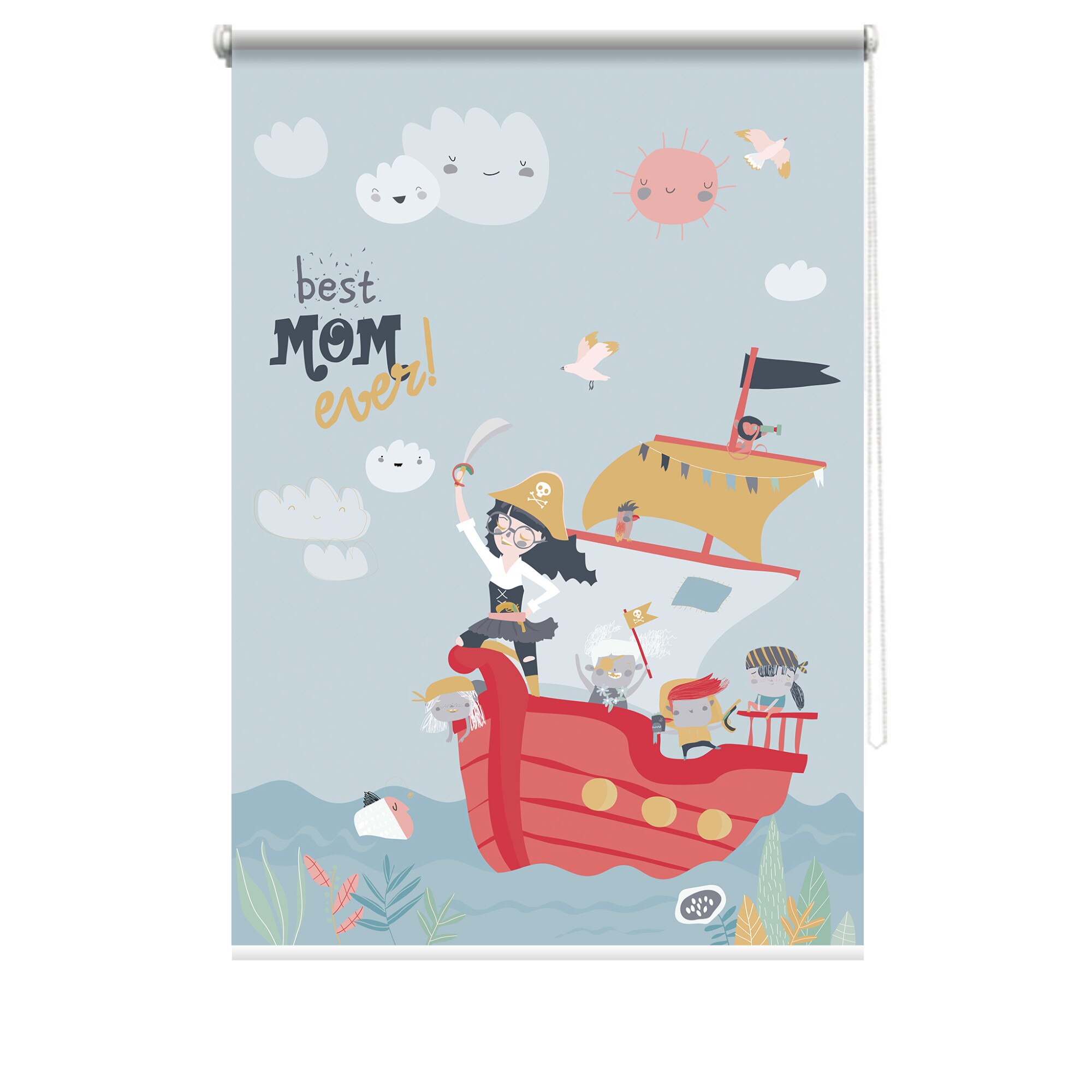 Rulou textil cu print, opac, verso alb, Pirati 2, multicolor, 62x150 cm