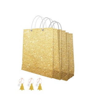 Set 3 pungi aurii cu sclipici pentru cadouri + 3 x etichete - 22 x 27 x 10 cm Set 3 pungi aurii cu sclipici pentru cadouri + 3 x etichete - 22 x 27 x 10 cm