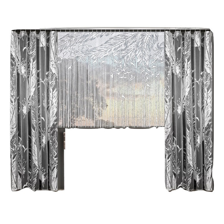 Set Perdele dantela Dedagna 140 x 250 cm x 2 + 220 x 170 cm, 100% Poliester, Alb/Gri