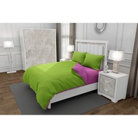 Lenjerie de pat pentru o persoana cu husa elastic pat si 2 fete perna dreptunghiulara, Duo Green, bumbac satinat, gramaj tesatura 120 g/mp, Verde/Roz, 4 piese