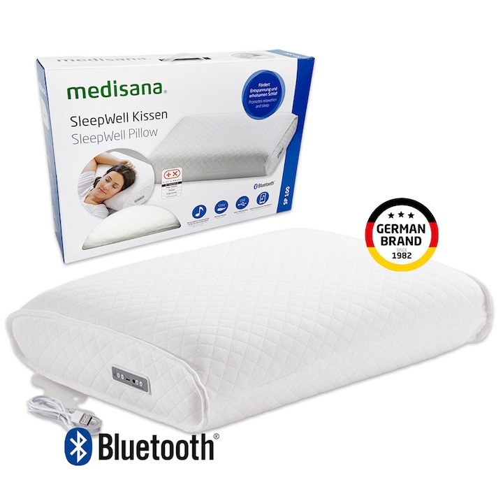 Perna pentru relaxare si somn Medisana SleepWell SP 100, cu Bluetooth, nucleu din spuma cu memorie, pentru reducerea stresului, pentru un somn sanatos, port Mini USB, alb