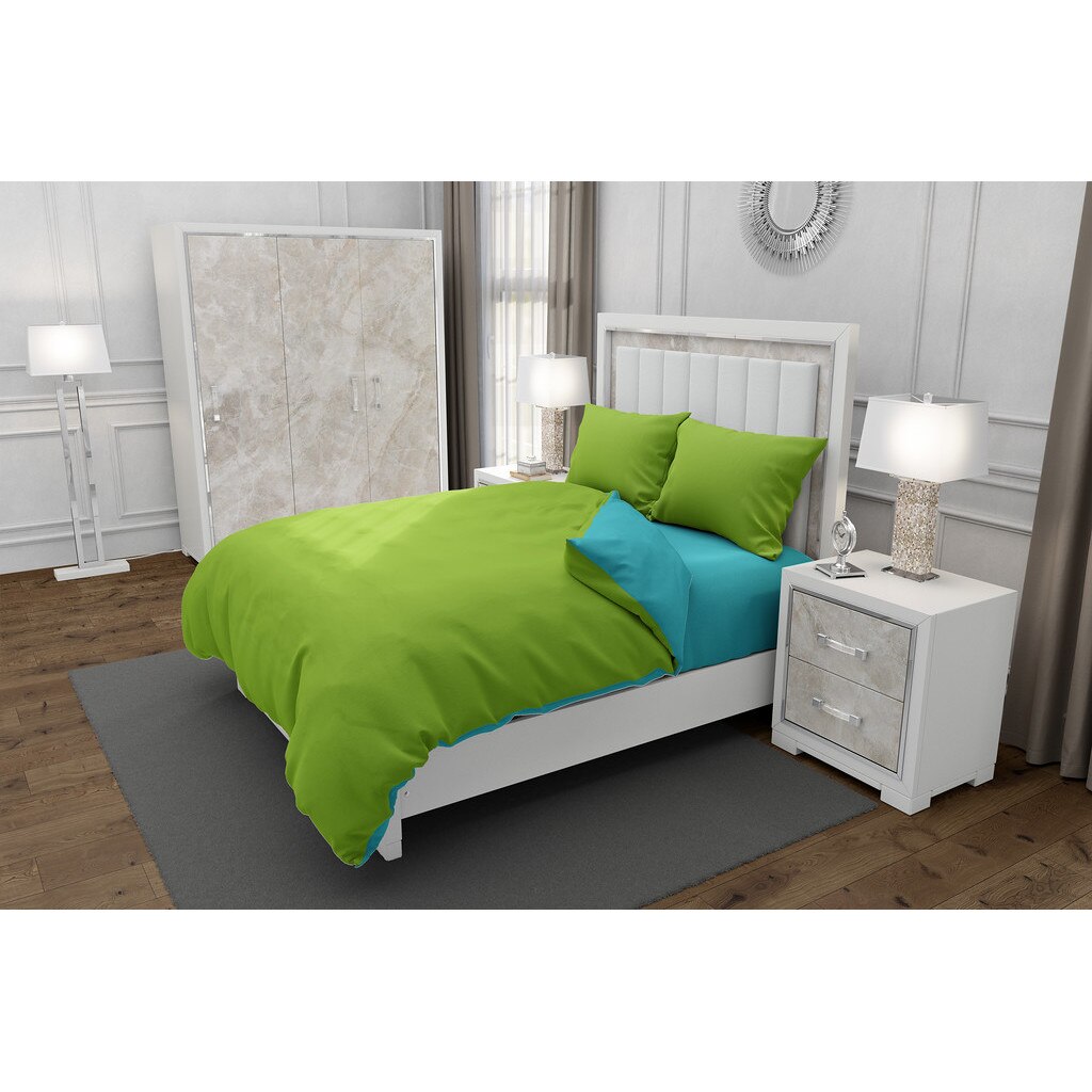 Lenjerie de pat pentru o persoana cu husa de perna dreptunghiulara, Duo Green, bumbac satinat, gramaj tesatura 120 g/mp, Verde/Blue, 3 piese -