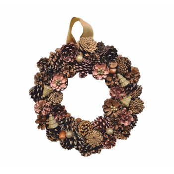 Coronita handmade de Craciun, aurie, conuri naturale, 32cm Coronita handmade de Craciun, aurie, conuri naturale, 32cm