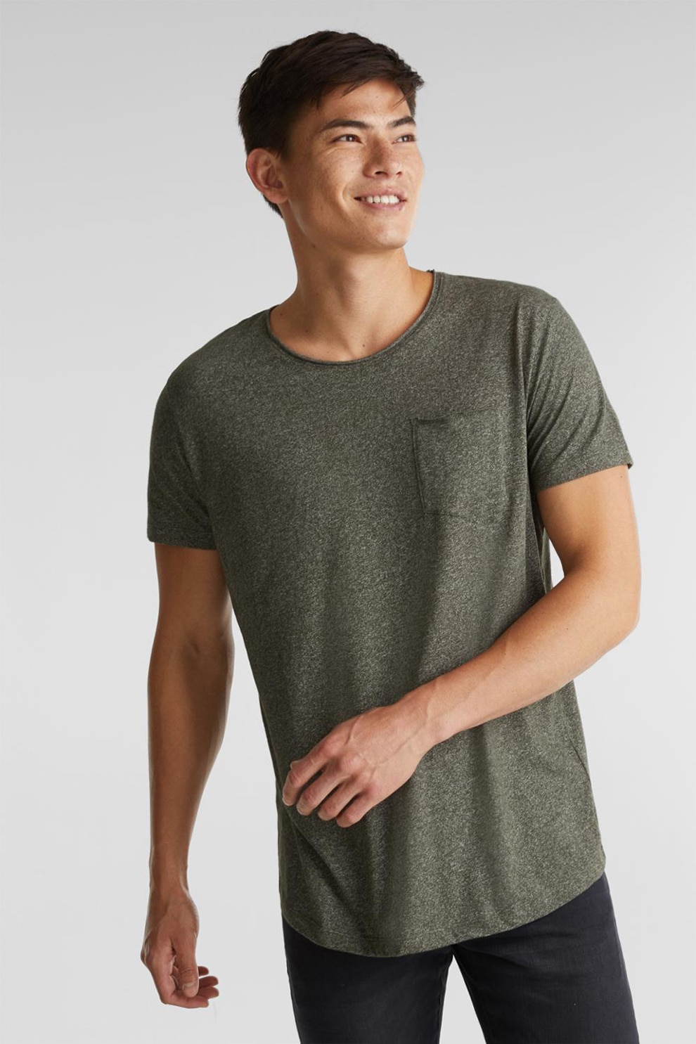 EDC by Esprit, Tricou din amestec de bumbac organic cu buzunar pe piept, Verde inchis melange, M