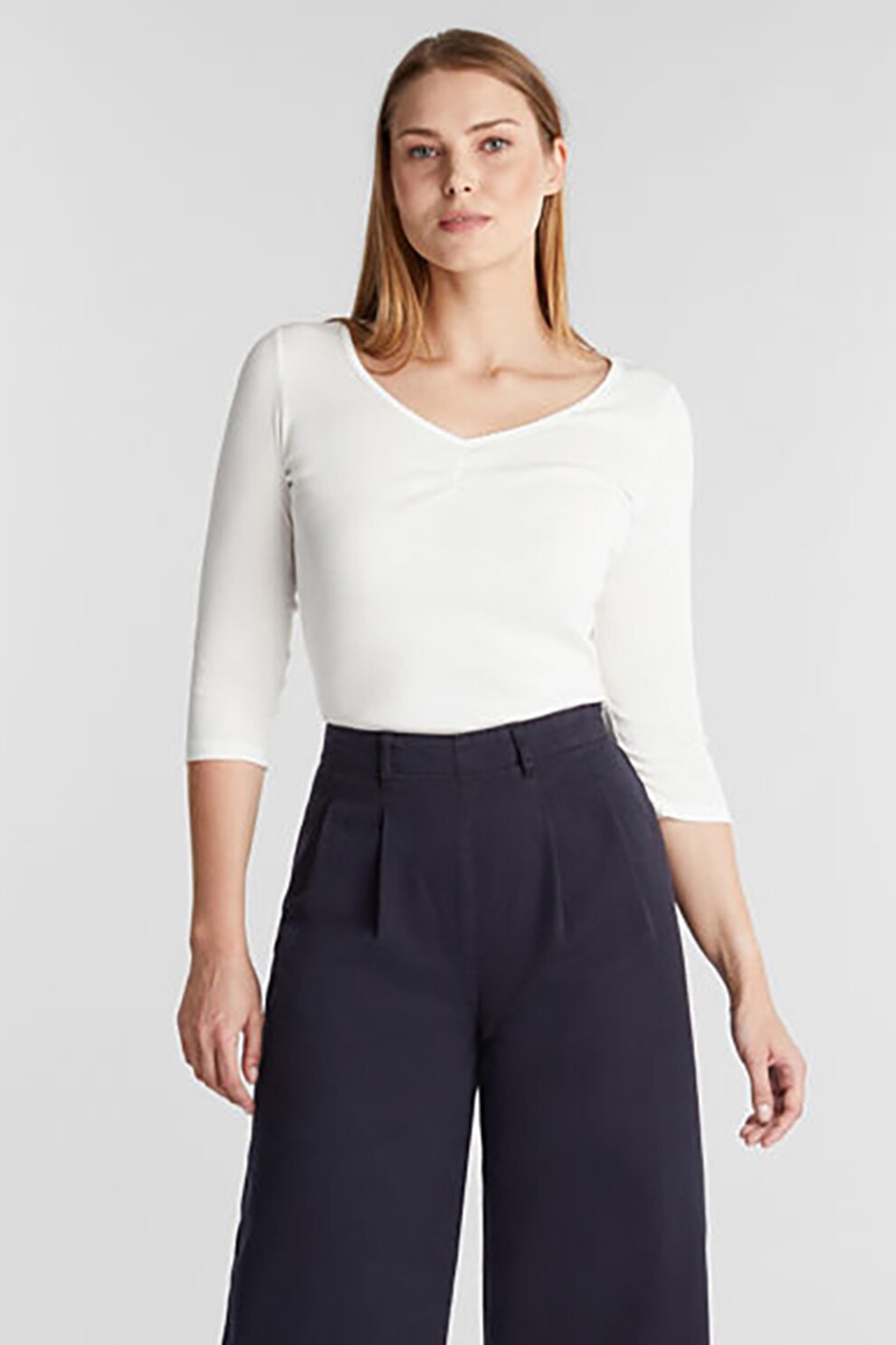 EDC by Esprit, Bluza de bumbac organic, cu decolteu in V, Alb, XL