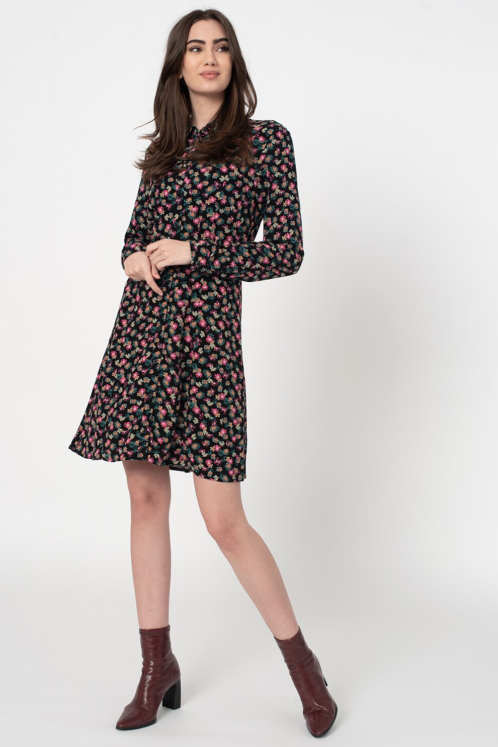 EDC by Esprit, Rochie tip camasa cu imprimeu floral, Negru/Roz/Verde