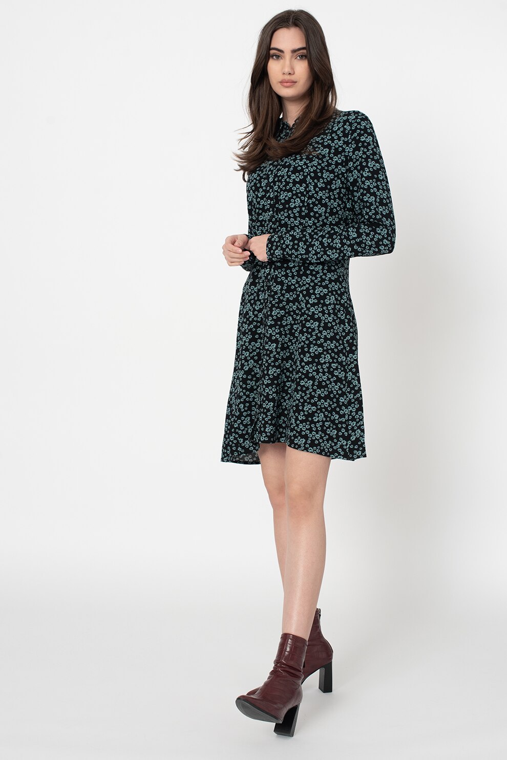EDC by Esprit, Rochie tip camasa cu imprimeu floral, Negru/Albastru petrol