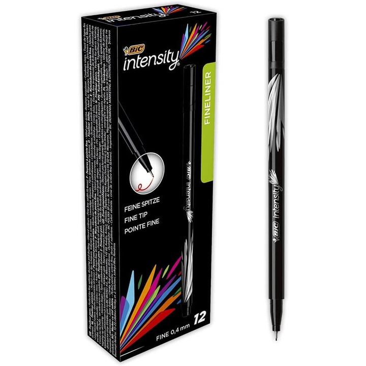 Set 12 Finelinere Bic Intensity Fine, Grosime Varf 0.4 mm, Cerneala Neagra