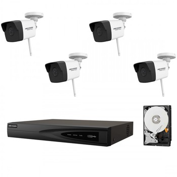Kit 4 camere supraveghere Wi-Fi HiWatch HikVision, 2MP, IR 30m + NVR 8 canale, 4MP, H.265+, 80mbps + Surse + HDD 500GB Kit 4 camere supraveghere Wi-Fi HiWatch HikVision, 2MP, IR 30m + NVR 8 canale, 4MP, H.265+, 80mbps + Surse + HDD 500GB