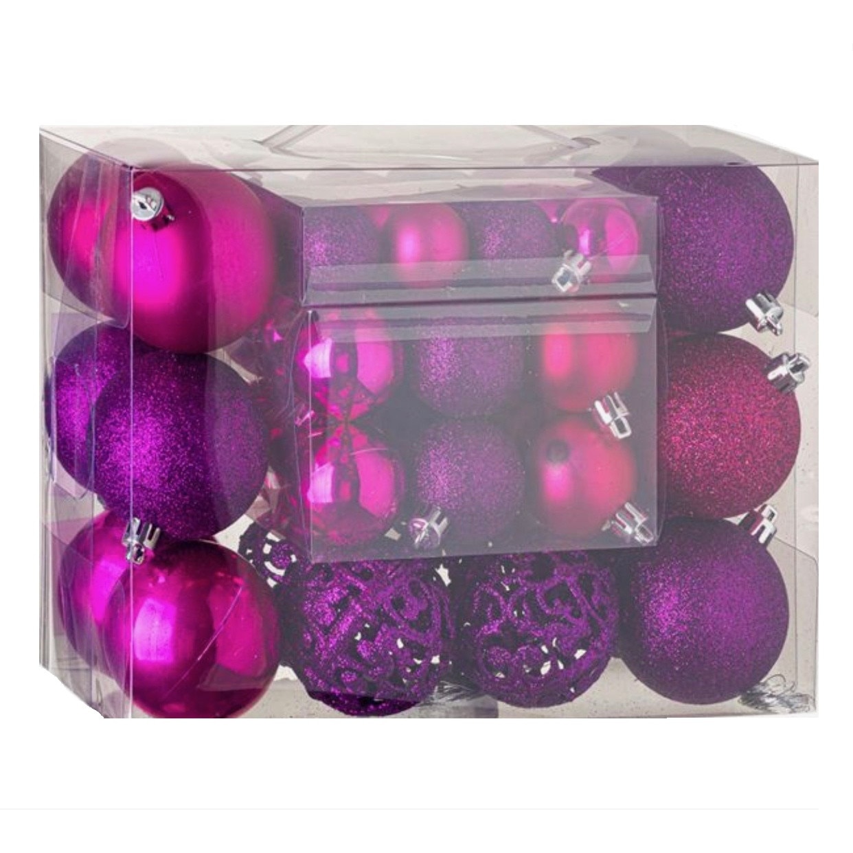 Set 50 de globuri, mov cu model lucios, mat cu sclipici sI cu model, cu 3 dimensiuni diferite, ATS, pentru pomul de craciun