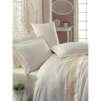 Lenjerie de pat dublu, premium satin de lux cu broderie, 240 x 260 cm, 6 piese, Cotton Box, Lace Ecru Lenjerie de pat dublu, premium satin de lux cu broderie, 240 x 260 cm, 6 piese, Cotton Box, Lace Ecru