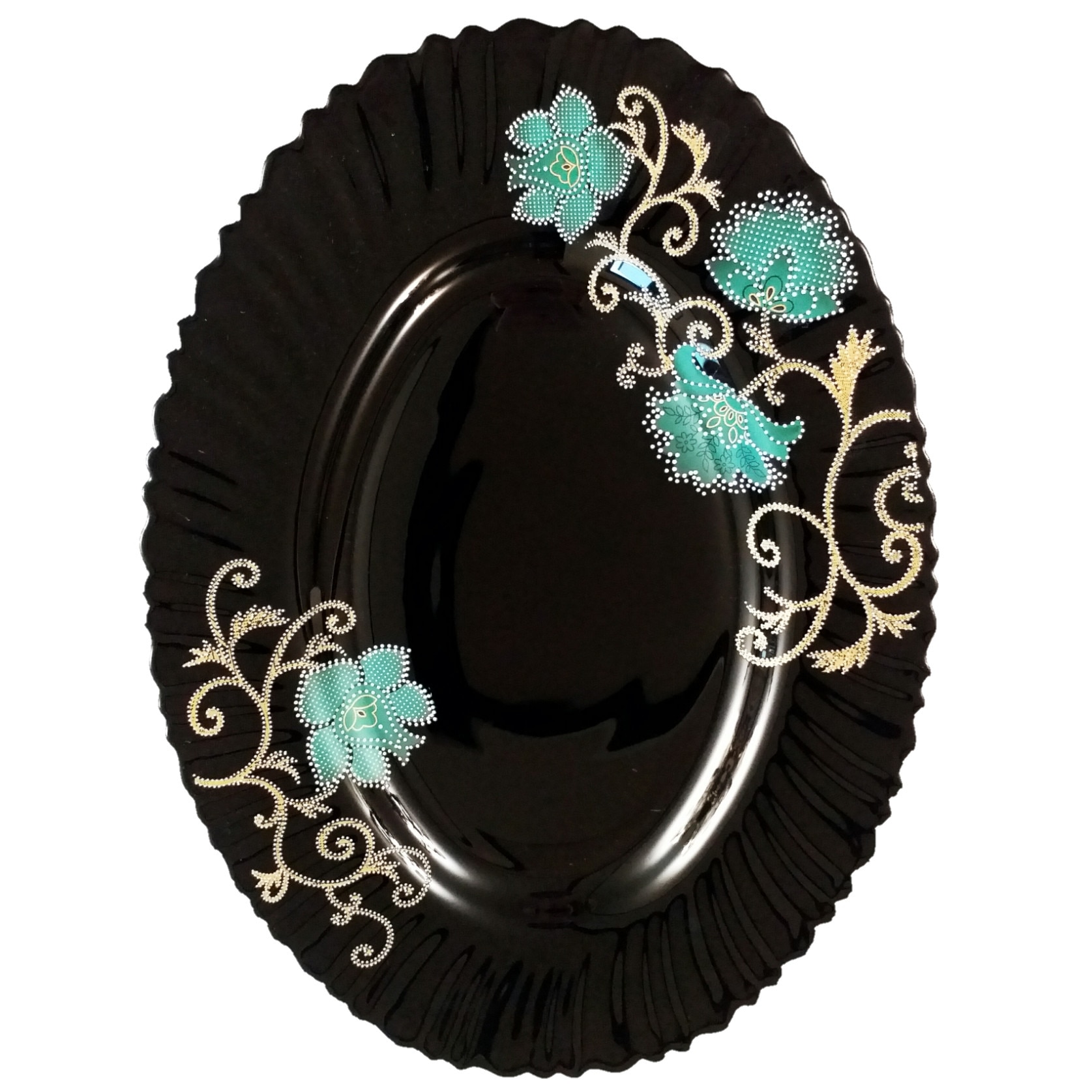 Platou negru opal 32 cm,decor floral verde