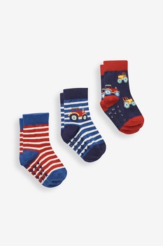 JoJo Maman Bebe, Set 3 perechi de sosete scurte, baieti, cu tractorase si dungi, Multicolor, Multicolora JoJo Maman Bebe, Set 3 perechi de sosete scurte, baieti, cu tractorase si dungi, Multicolor, Multicolora