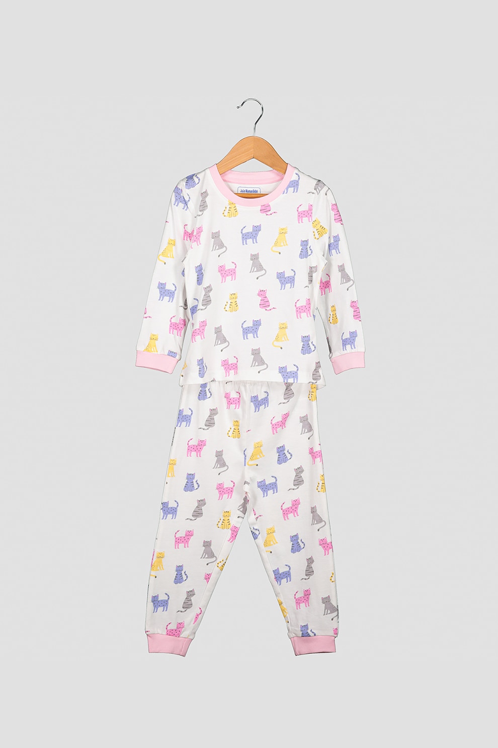 JoJo Maman Bebe, Set 2 perechi de pijamale, fete, cu dungi si model grafic cu pisicute, Alb/Roz/Albastru, alb prafuit, roz pastel, albastru pastel