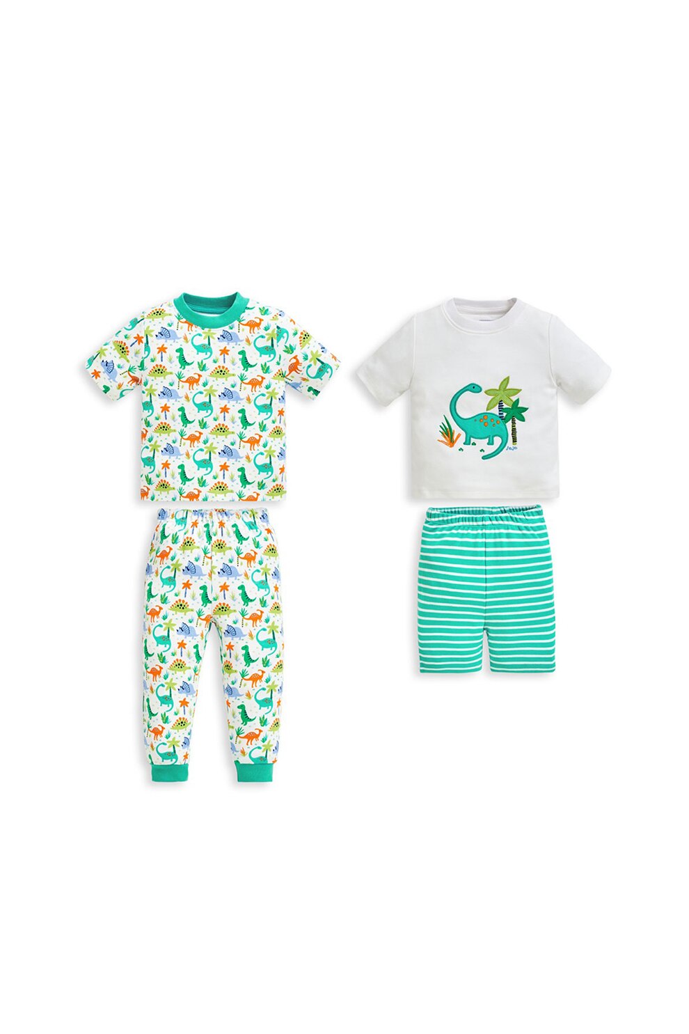 JoJo Maman Bebe, Set 2 perechi de pijamale, baieti, cu imprimeu dinozauri, Alb/Verde, Multicolora, 92 CM