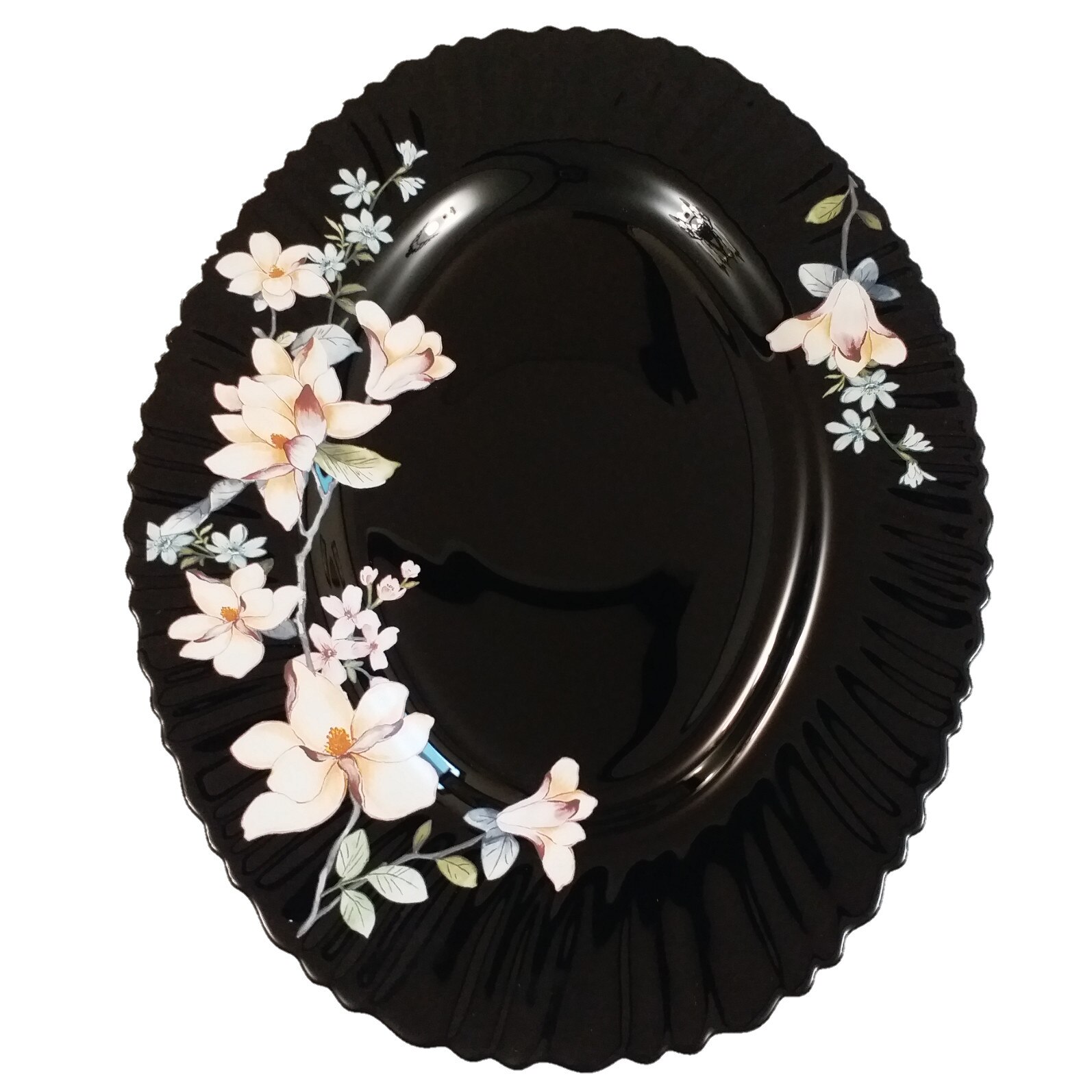 Platou negru opal 32 cm,decor floral diafan