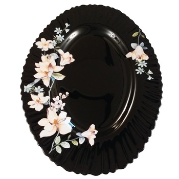 Platou negru opal 32 cm,decor floral diafan Platou negru opal 32 cm,decor floral diafan