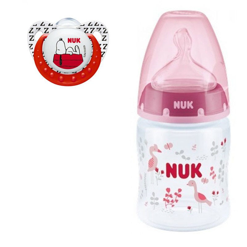 Set 2 piese biberon cu tetina din silicon 150 ml 0-6 luni si suzeta 6-18 luni Nuk First Choice+ 743735-3, Roz