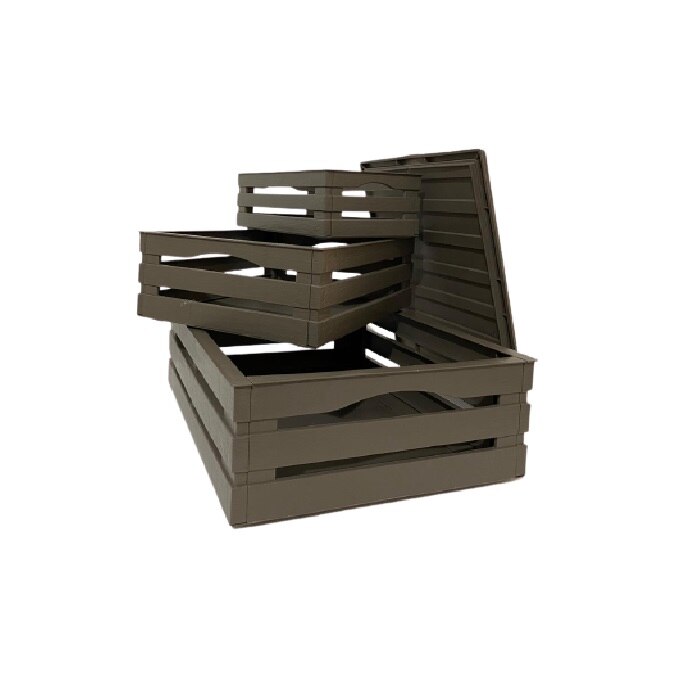 Set 3 cutii depozitare, maro, plastic care imita lemnul