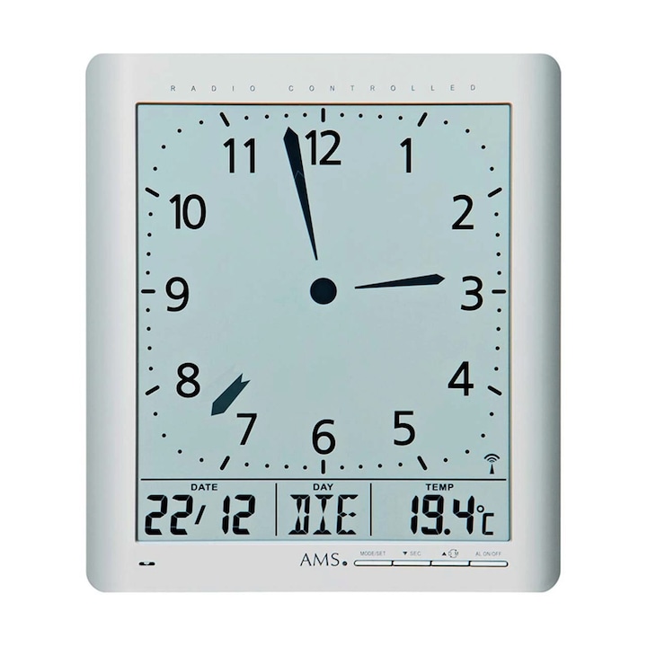 Стенен часовник AMS 5898, кварцов, сив, цифров, модерен