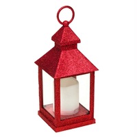 Felinar decorativ rosu cu sclipici pentru Craciun 11x11x28cm,lumanare led rosu