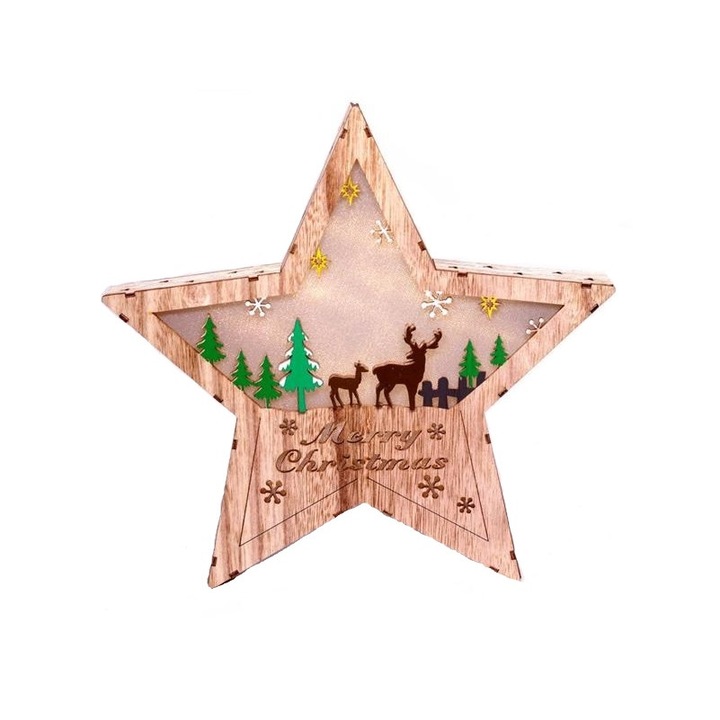 IRIS 4615677 Csillag alakú rénszarvas mintás/30x30cm/meleg fehér LED-es fa fénydekoráció