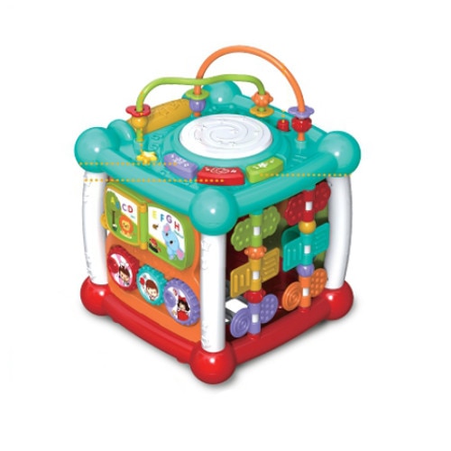 Cub educativ 8 in 1 cu telecomanda, 6 fete cu 8 activitati, melodii, lumini, functii de sortare, forme geometrice, joc cu margele si roti zimtate