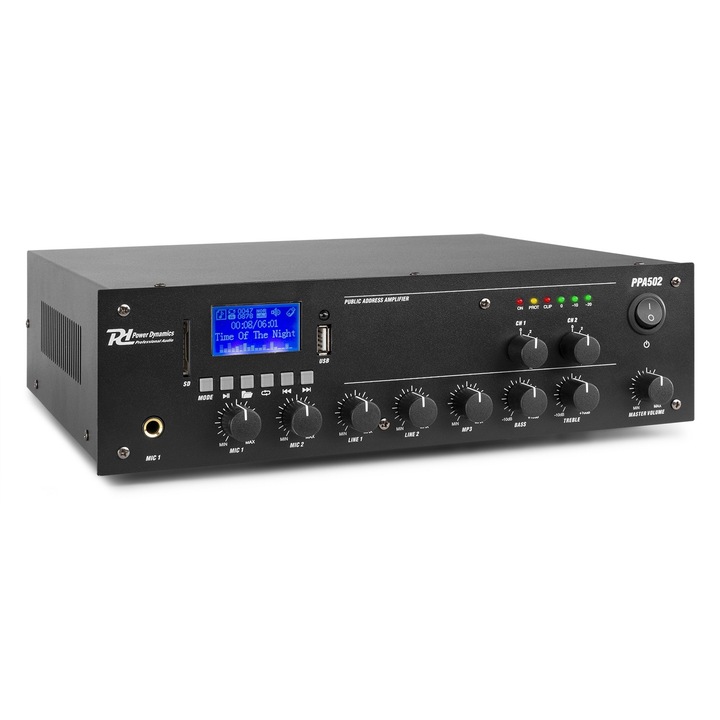 Звуков усилвател с 2 зони, 100V/70V/8 ohm, 50W RMS, Power Dynamics PPA502