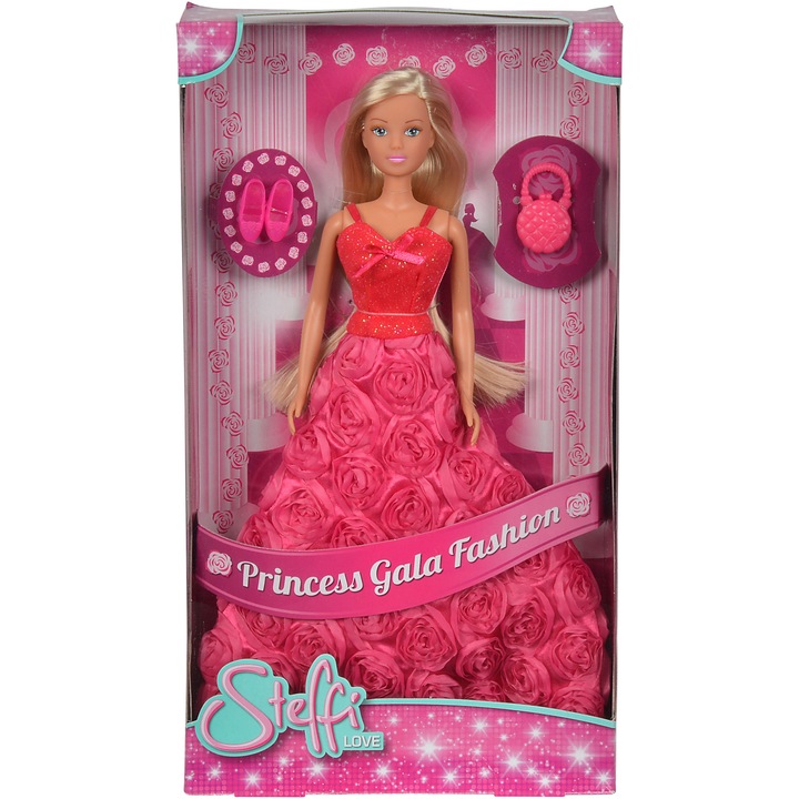 Papusa Steffi Love - Princess Gala Fashion, rochie roz cu trandafiri, 29 cm